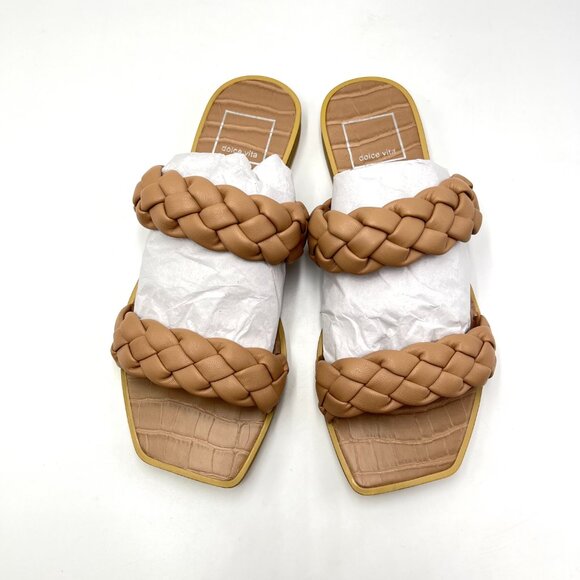 Dolce‎ Vita Size 6 Vegan Leather Beige Tan Nude Braided Woven Flat Sandals Shoes - Picture 3 of 13